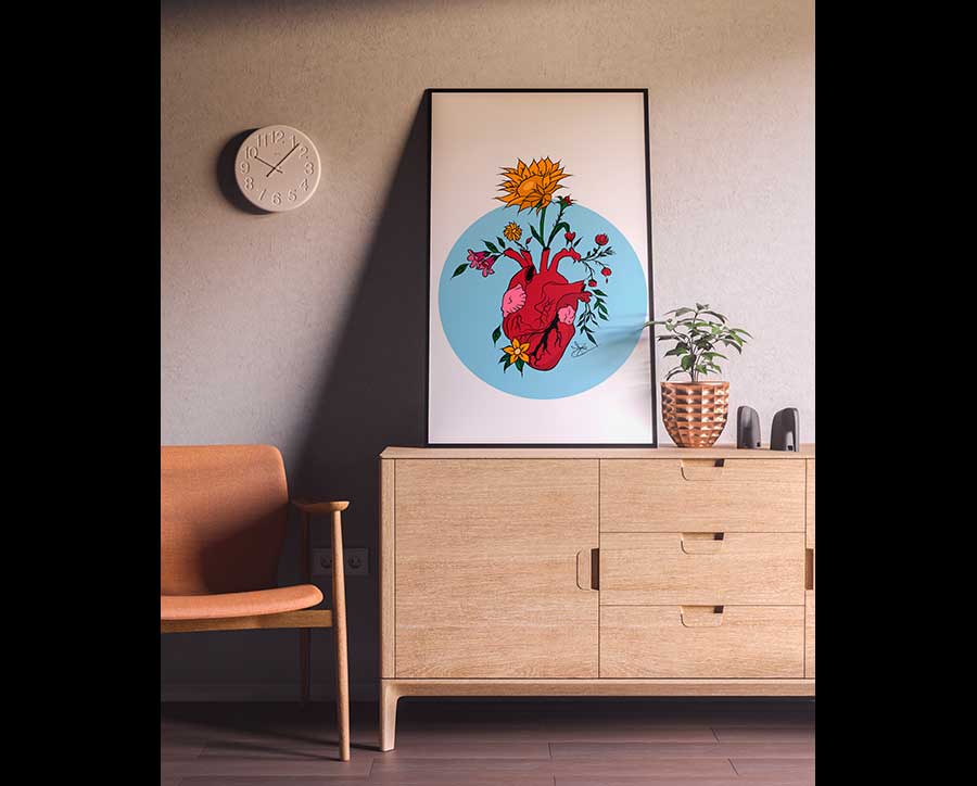 ilustración digital corazón humano lleno de rosas con un girasol hermoso